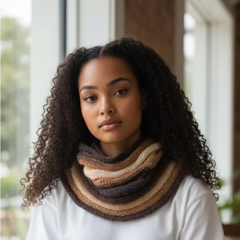 Cowl Scarf Hand Crafted Thin Knit Brown Tan Cream Stripes Hooded Winter Stripes